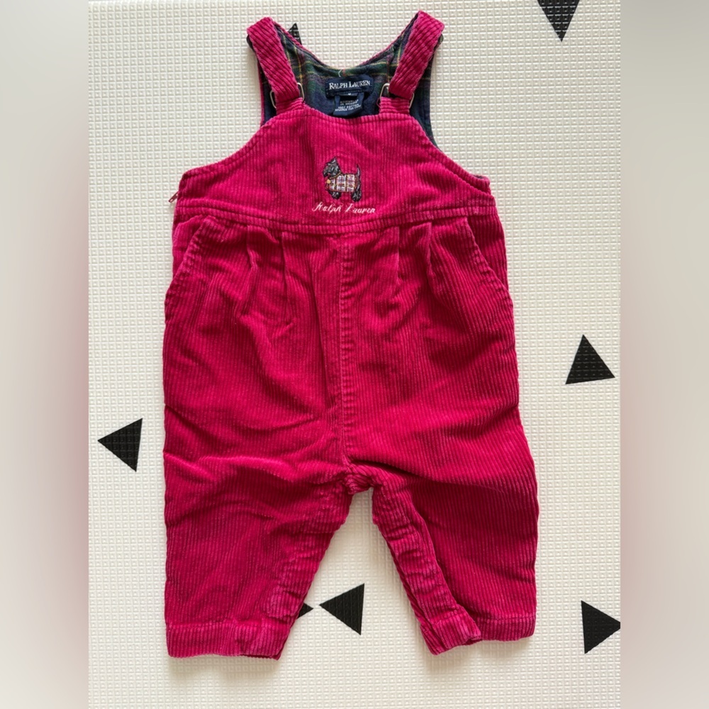 Vintage Ralph Lauren|Baby girl corduroy overalls in vibrant pink w preppy dog•••